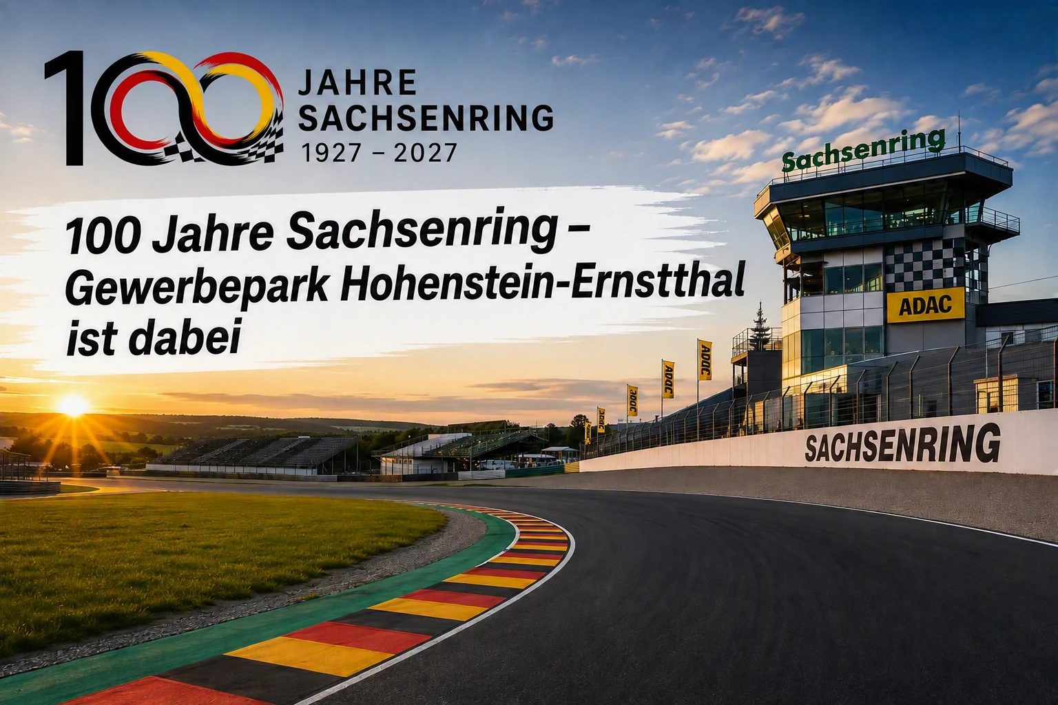 Jubiläumsmotiv mit Sachsenring, Rennstrecke und dem Schriftzug: 100 Jahre Sachsenring – Gewerbepark Hohenstein-Ernstthal ist dabei